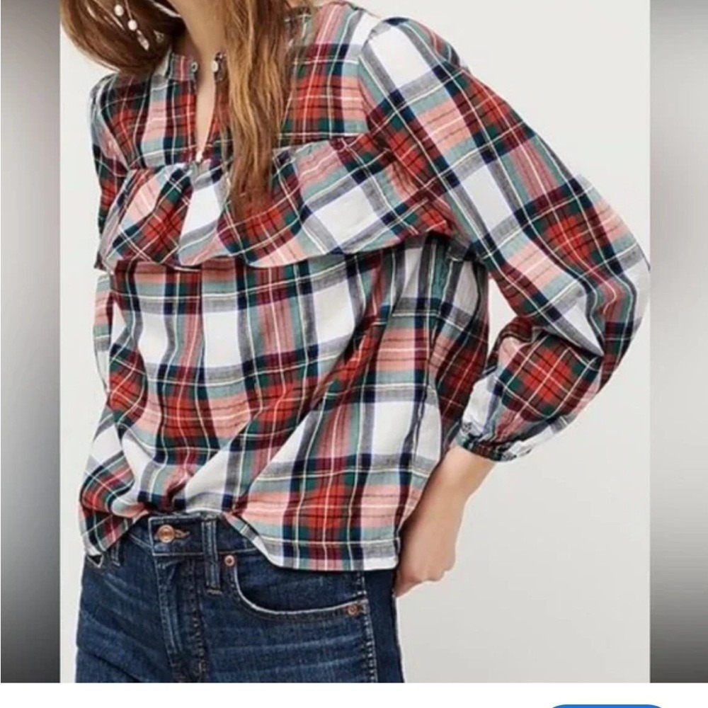 EUC J Crew Size Medium Plaid Ruffle Long Sleeve Top